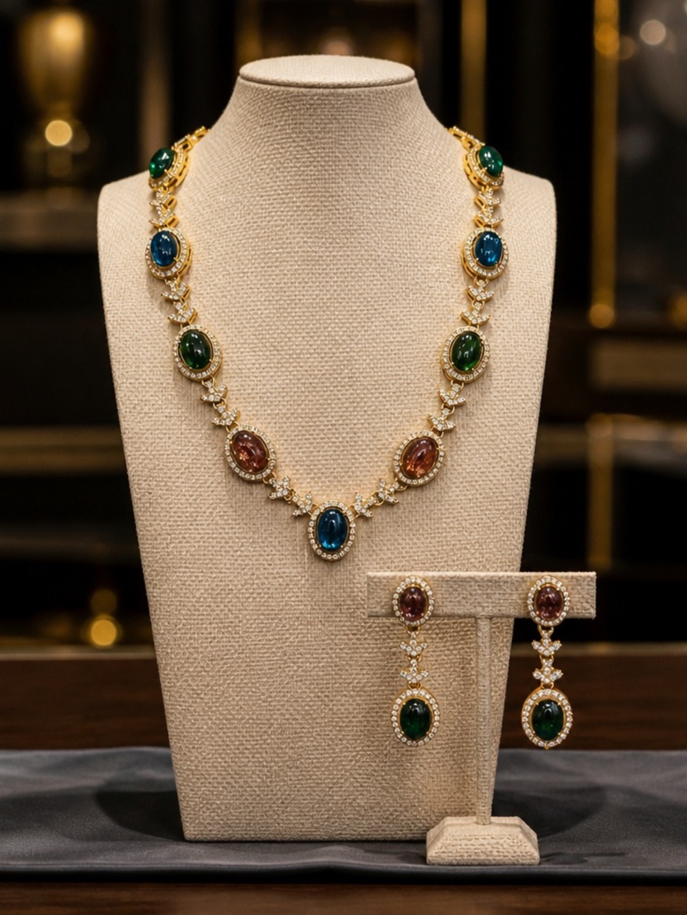 Lux Gold Plated Multicolor Oval Gem Necklace & Drop Earrings Set